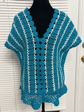 Handmade Teal and White Crochet V-Neck Poncho / Crochet Top